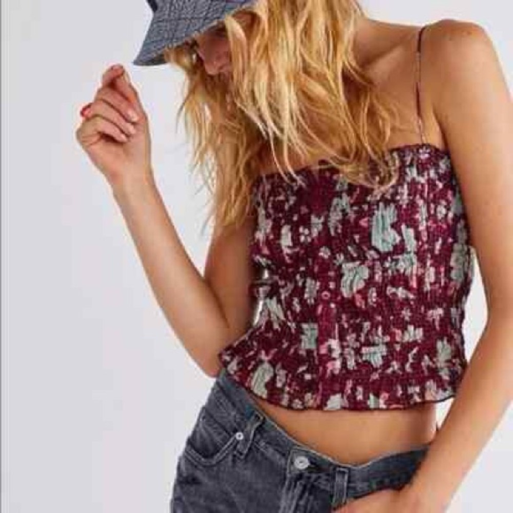 Free People Meridien Spaghetti Strap Tank Y2K Crop Top Maroon Floral Smocked XS
